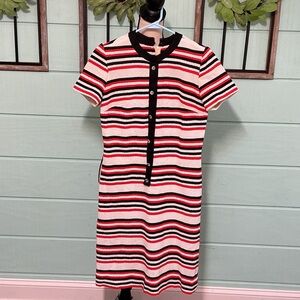Vintage Handmade Mod Stripe Dress – Red Black Cream – Retro Style